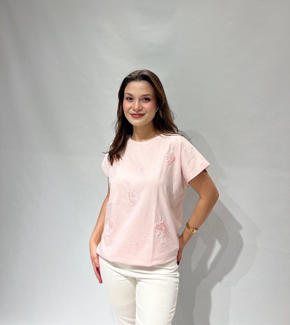 Pembe Önü Taşlı Tişört
