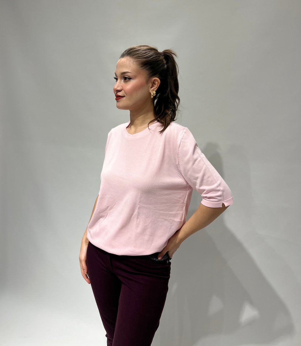 Pembe Yuvarlak Yaka Triko Bluz