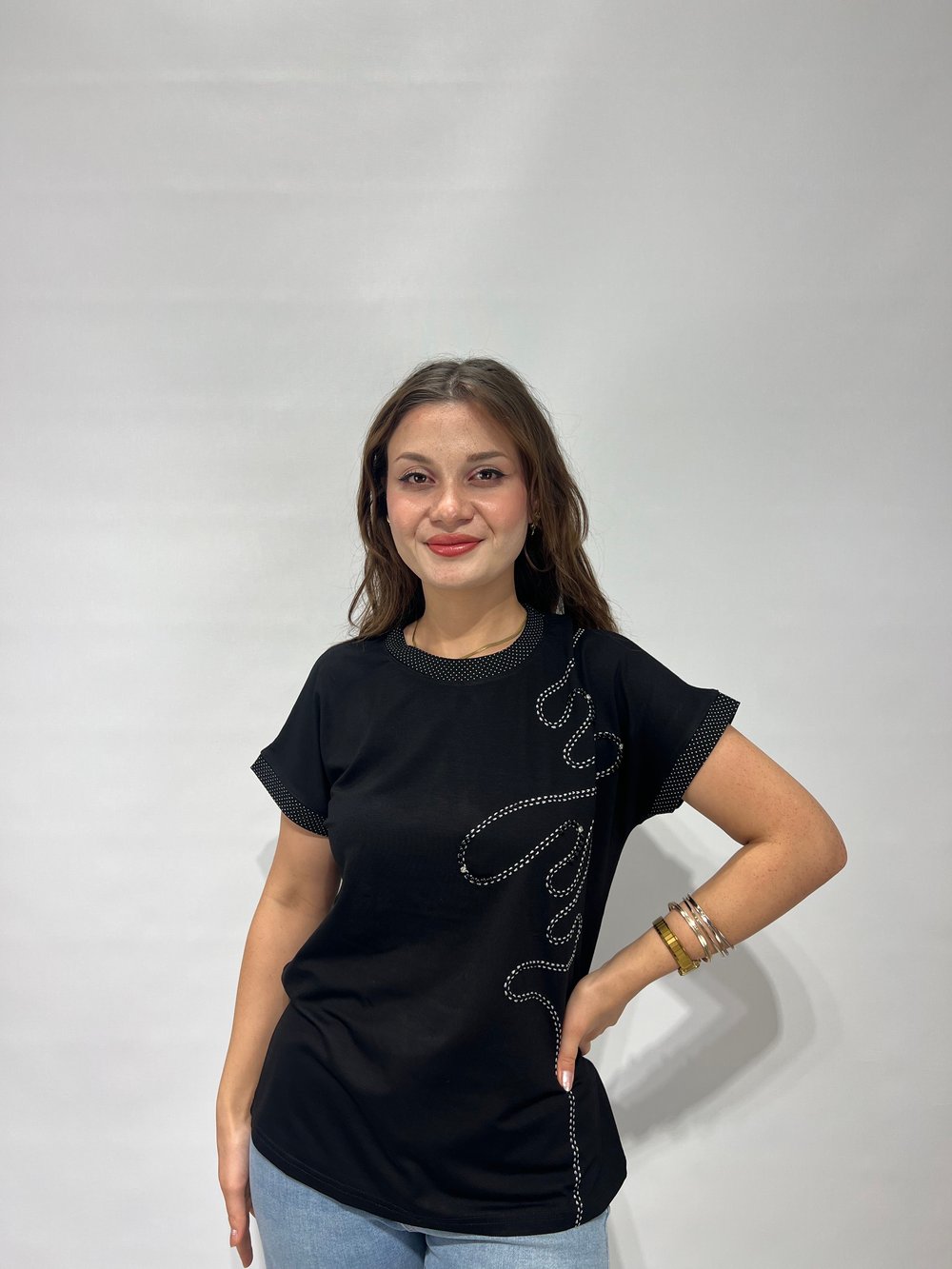 Siyah Puantiye Detaylı Bluz 
