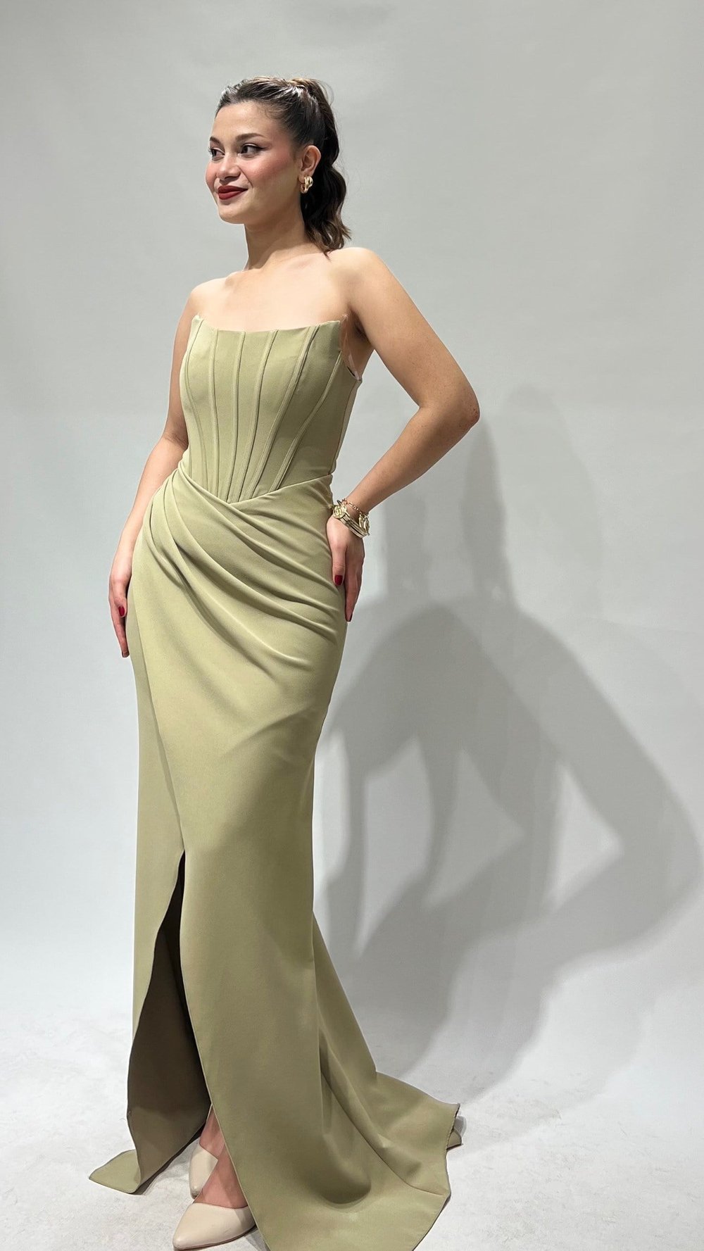 Soft Olive Korse Detaylı Uzun Abiye