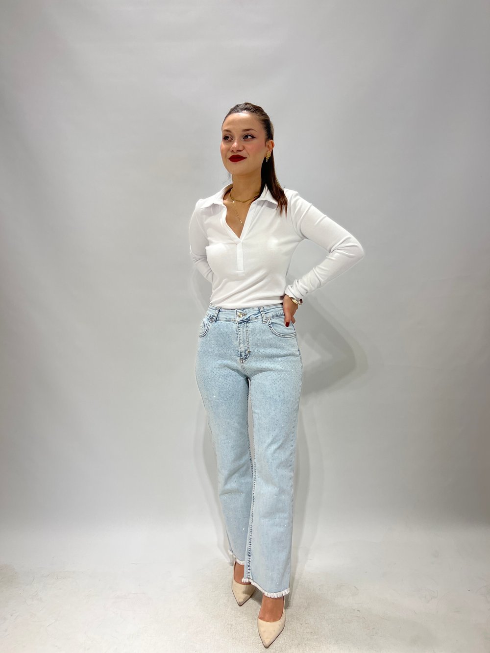 Taşlı Light Blue Mini Flare Jean