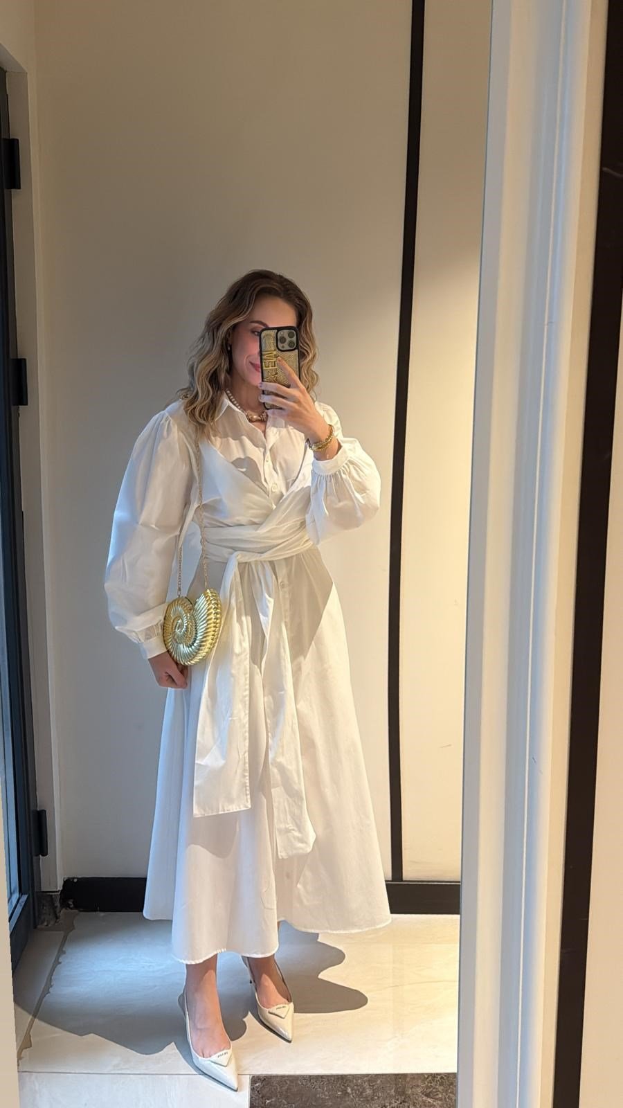 Belden Bağlamalı Poplin Elbise Beyaz