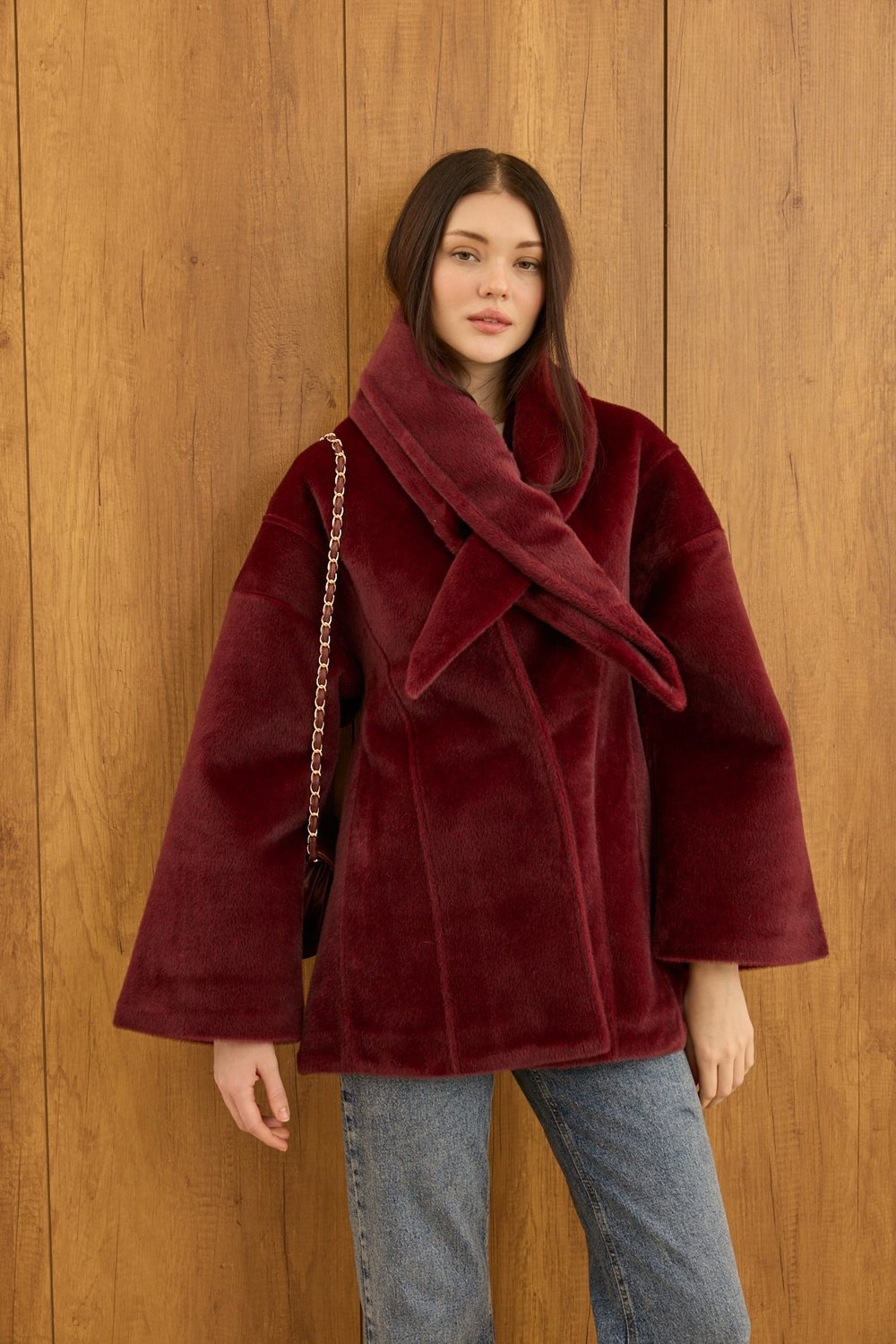 Fularlı Oturtmalı Midi Fox Kaban Bordo