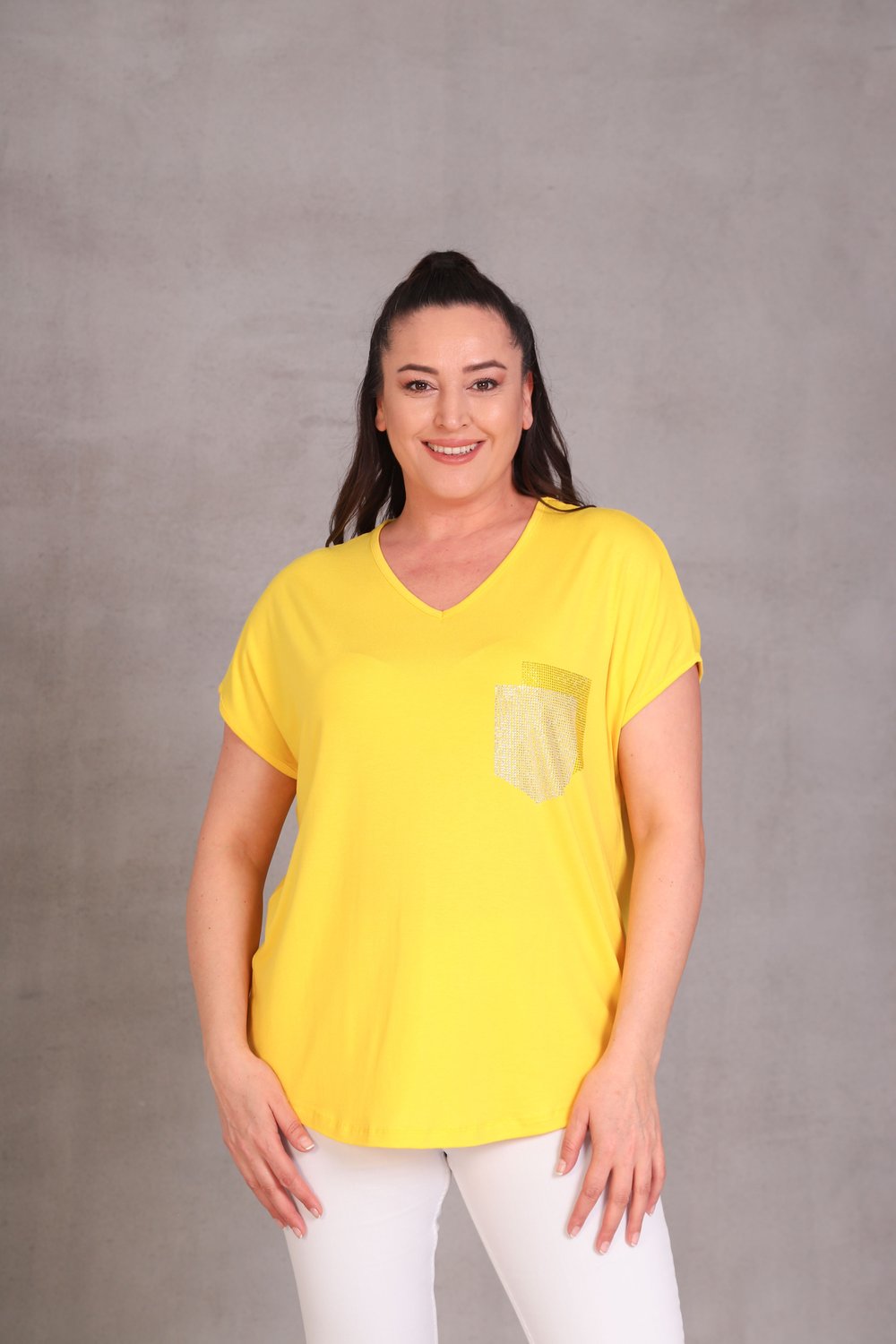 2417 Taşlı Cepli Bluz Sarı