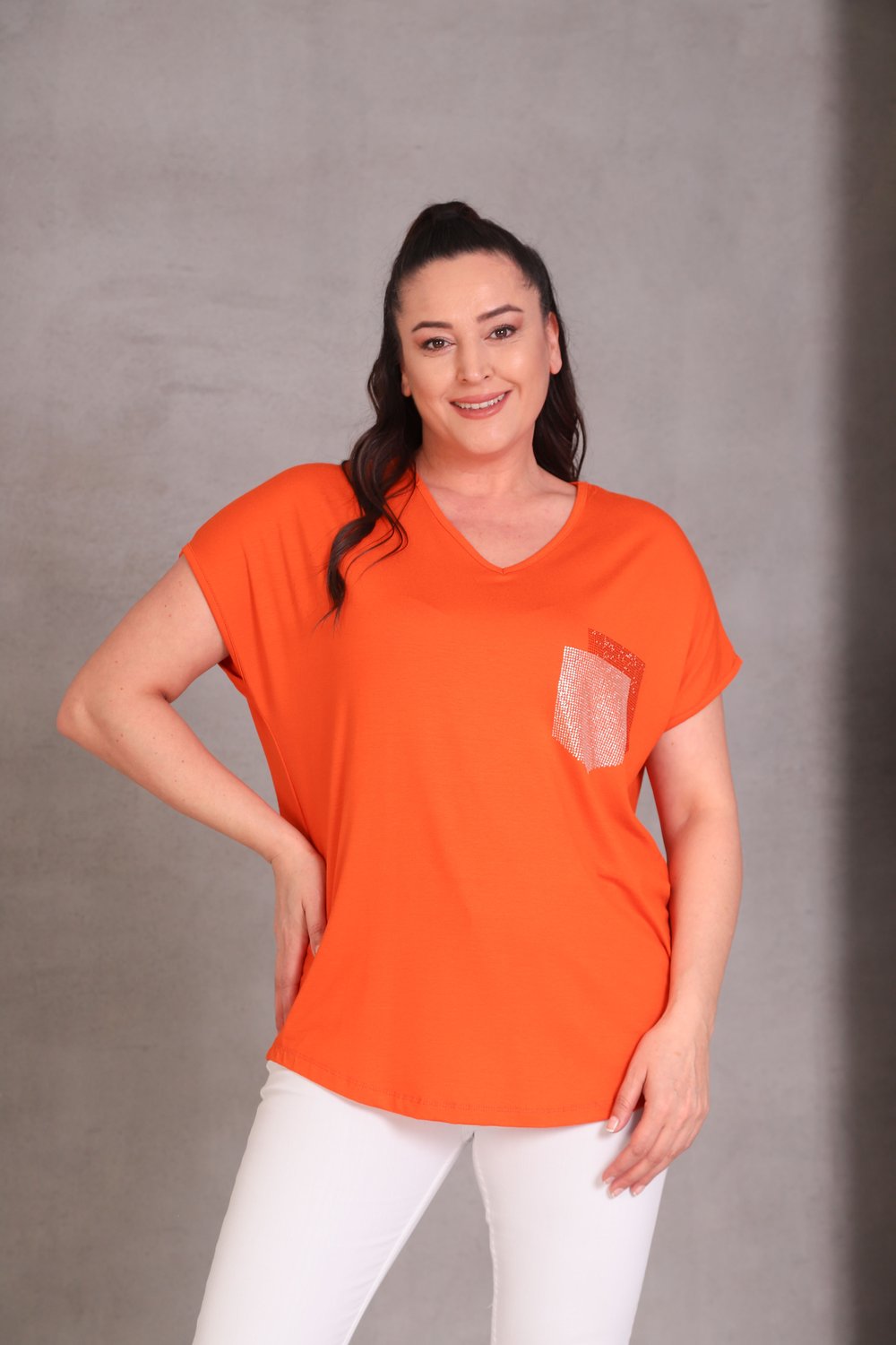 2417 Taşlı Cepli Bluz Turuncu