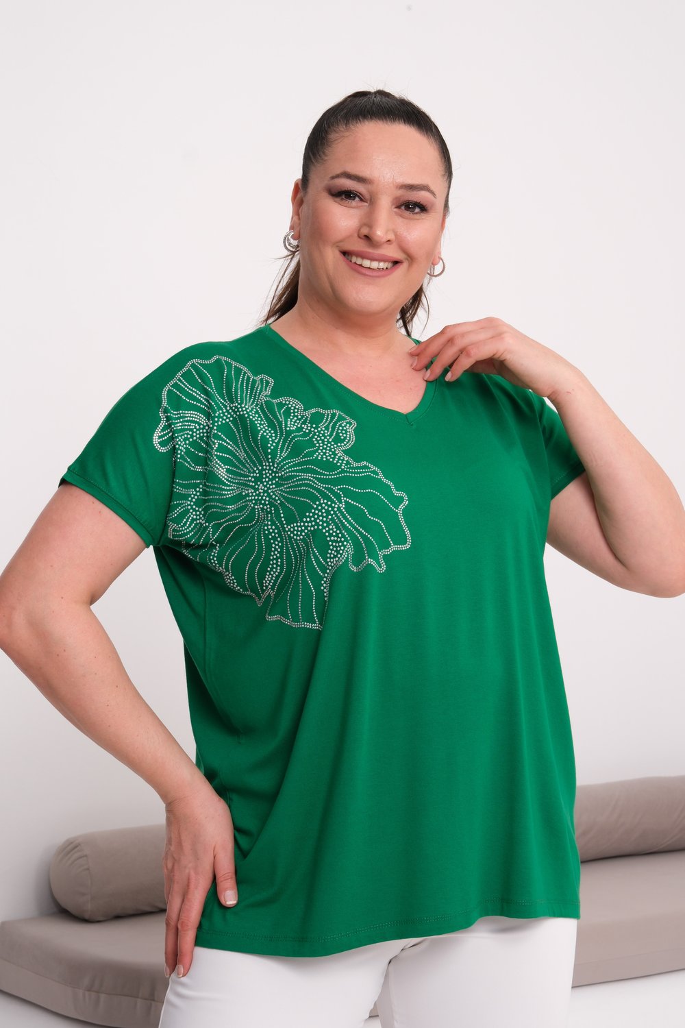 2527 Çiçek Taşlı Bluz Yeşil