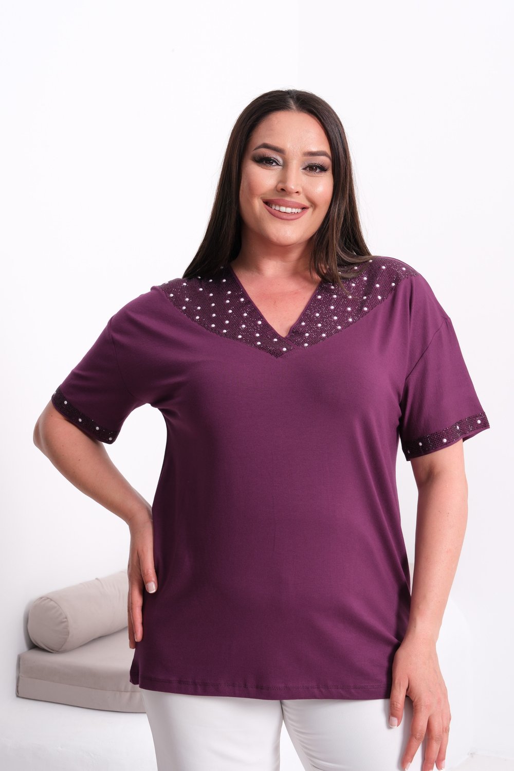 2532 Yakası İncili ve Taşlı Bluz Mor