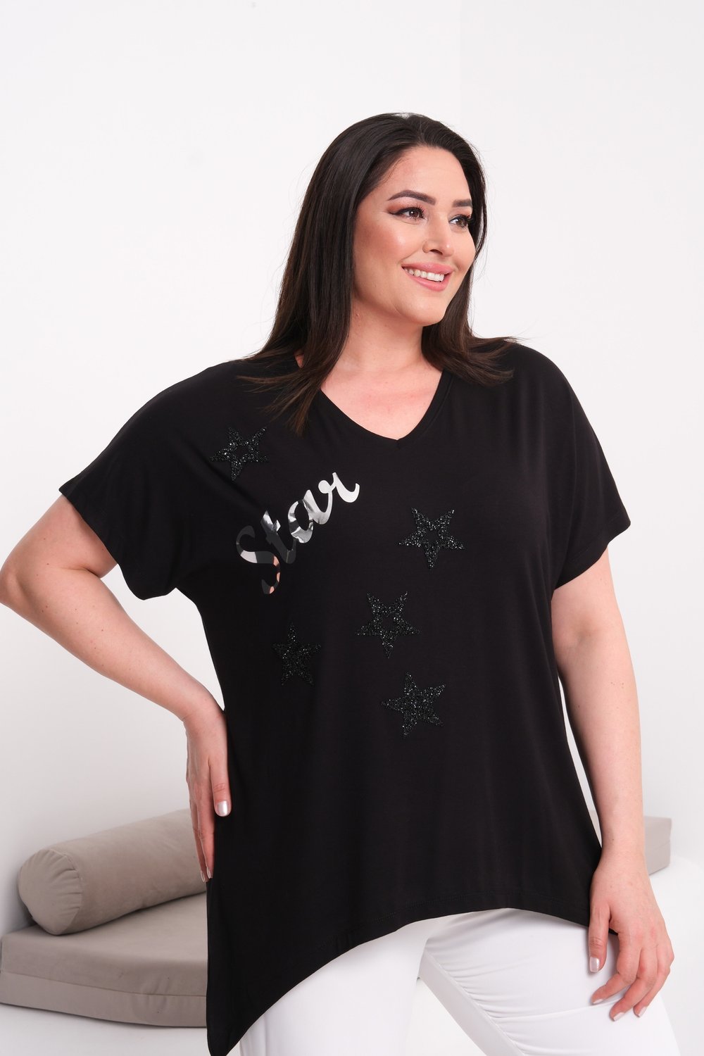 2538 Yıldız Baskılı Taşlı Star Bluz Siyah