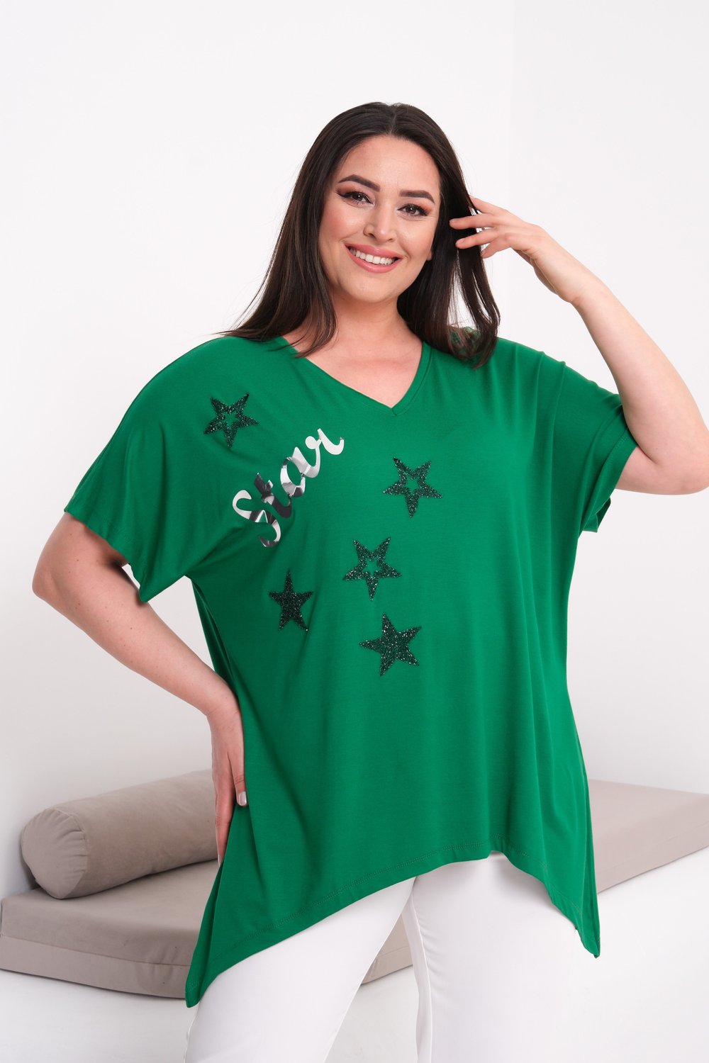 2538 Yıldız Baskılı Taşlı Star Bluz Yeşil