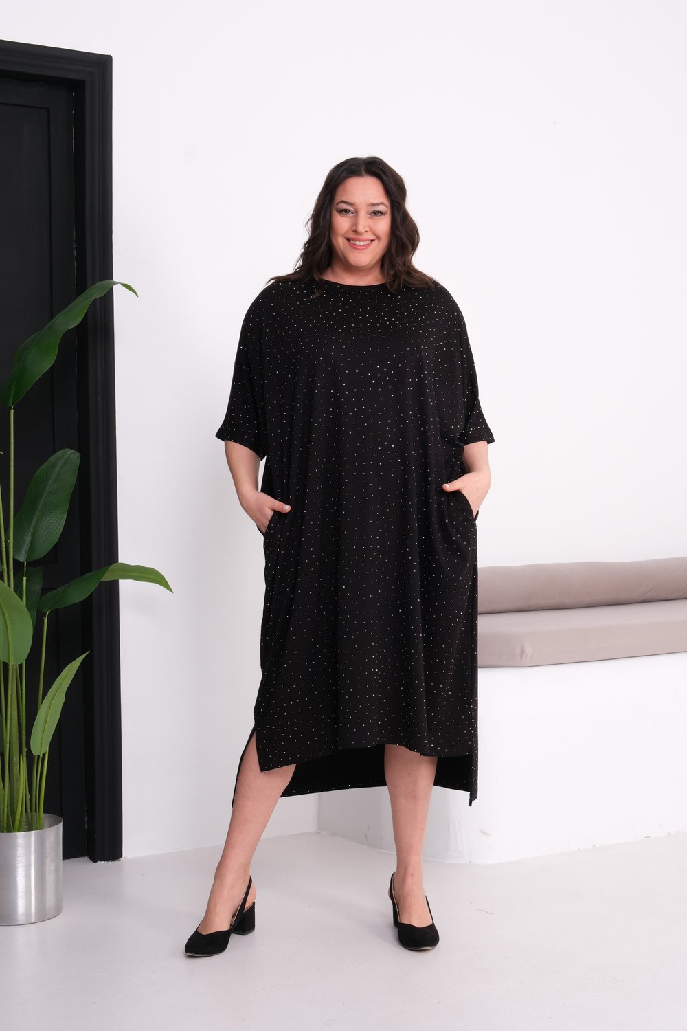 3204 Full Taşlı Oversize Siyah Elbise