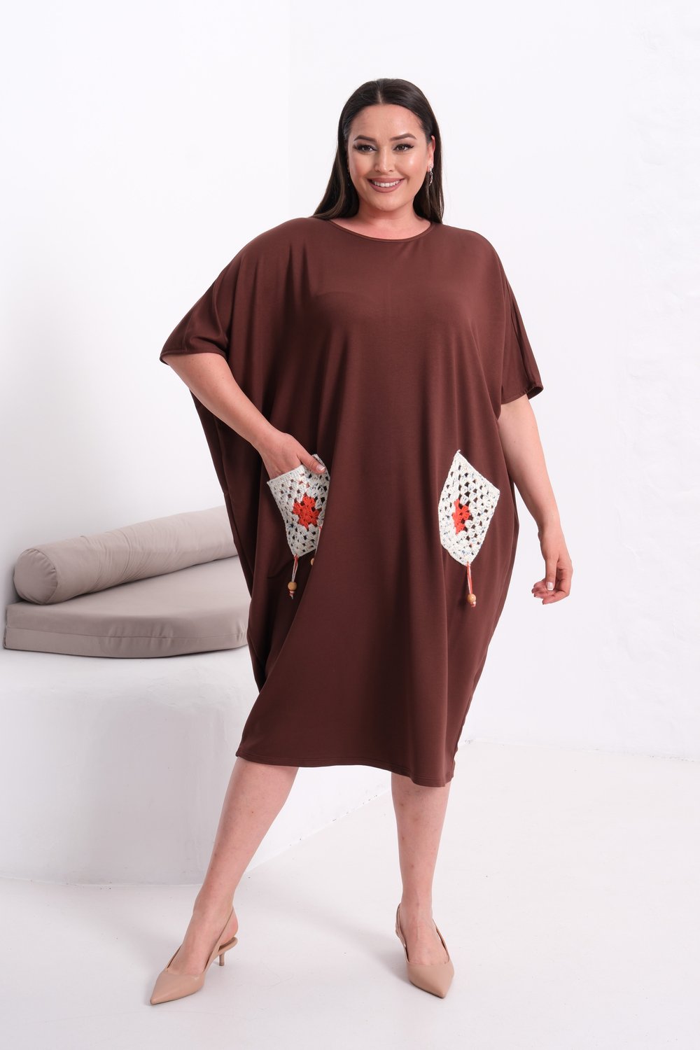 3248 Örme Cepli Oversize Kahverengi Elbise