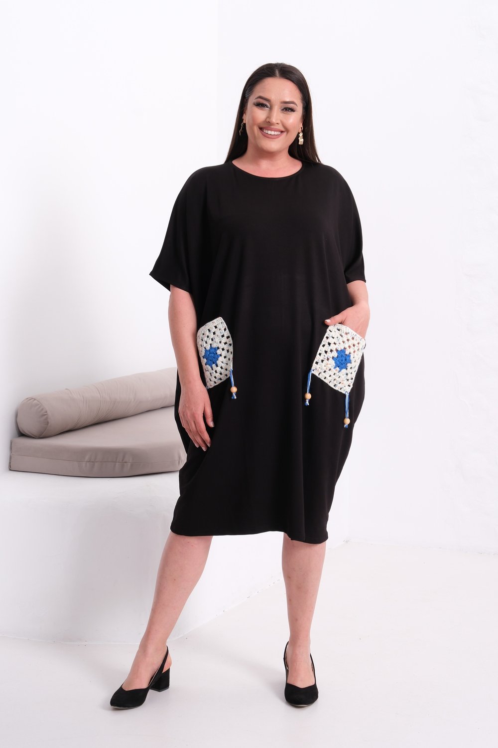 3248 Örme Cepli Oversize Siyah Elbise