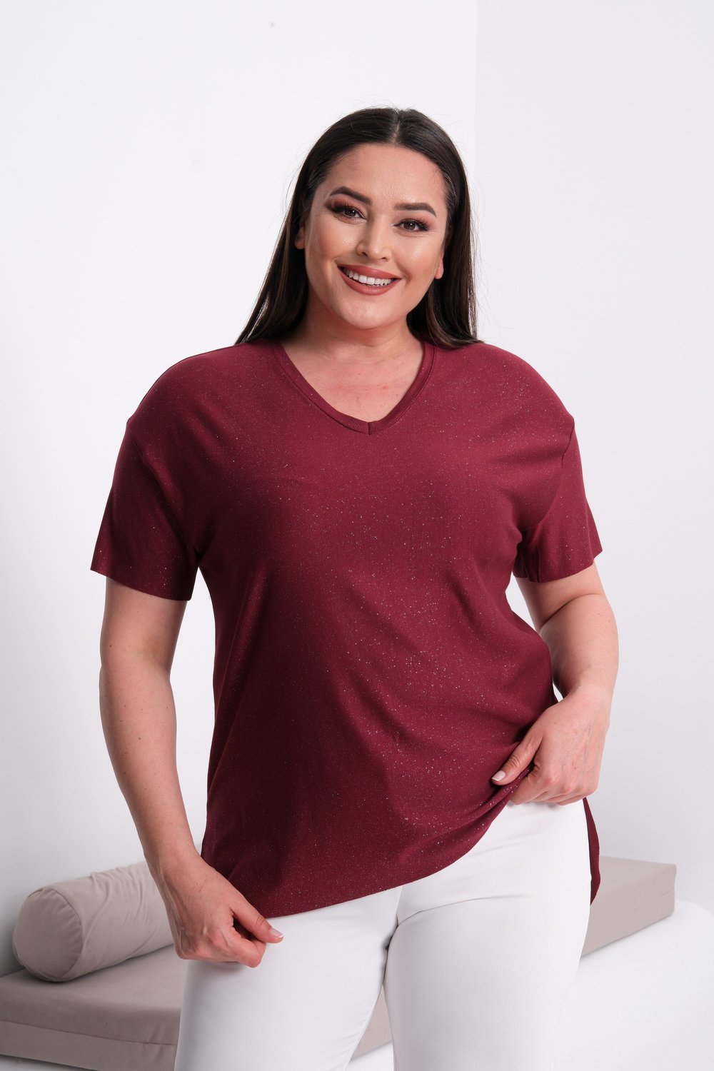 3249 Kendinden Simli Bluz Bordo