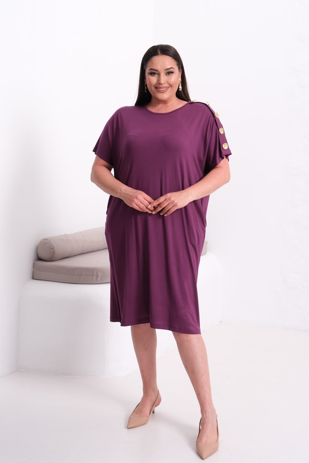 2558 Omzu Düğmeli Oversize Mor Elbise