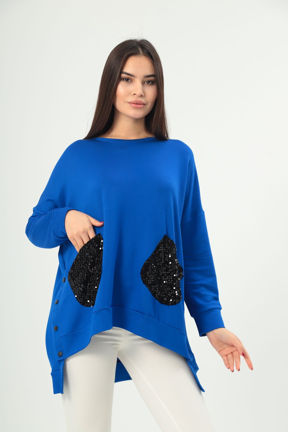 3631 Payetli Cepli Oversize Lacivert  Bluz