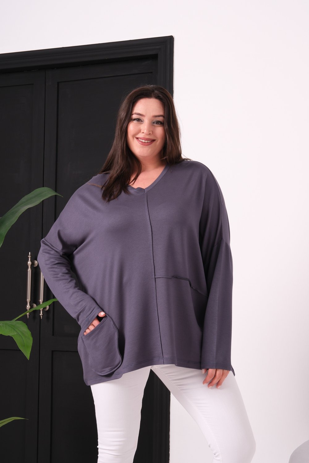 3630 V Yakalı Oversize Cepli Antrasit Bluz 