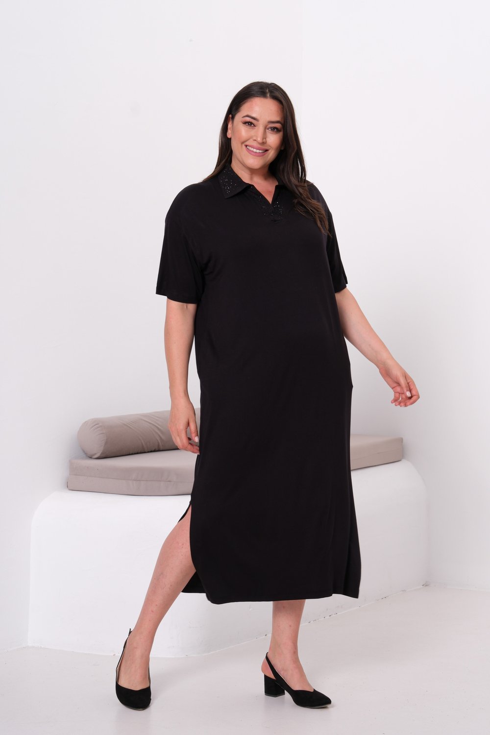 2553 Polo Yakası Taşlı Oversize Elbise