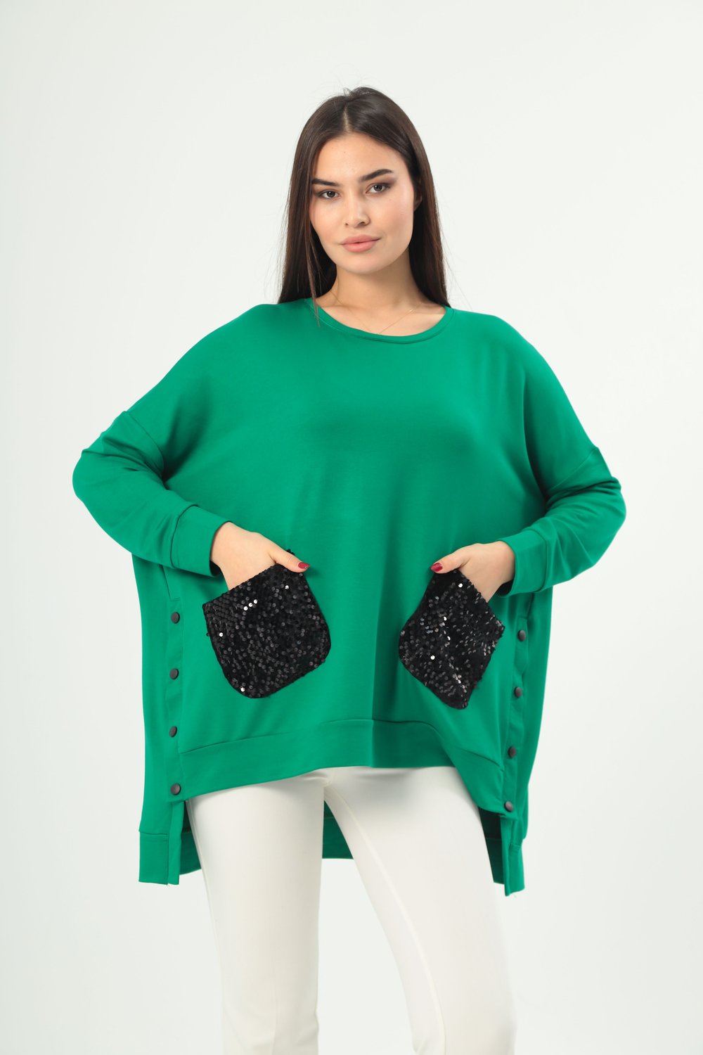 3631 Payetli Cepli Oversize Yeşil Bluz