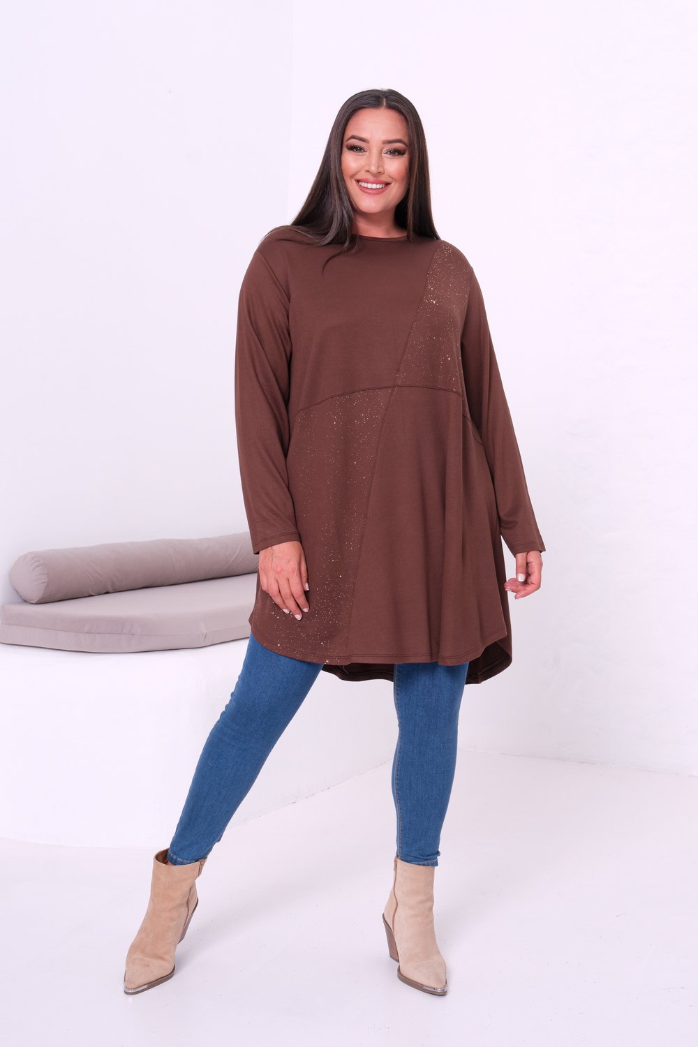 4126 Kahverengi Simli Tunik 