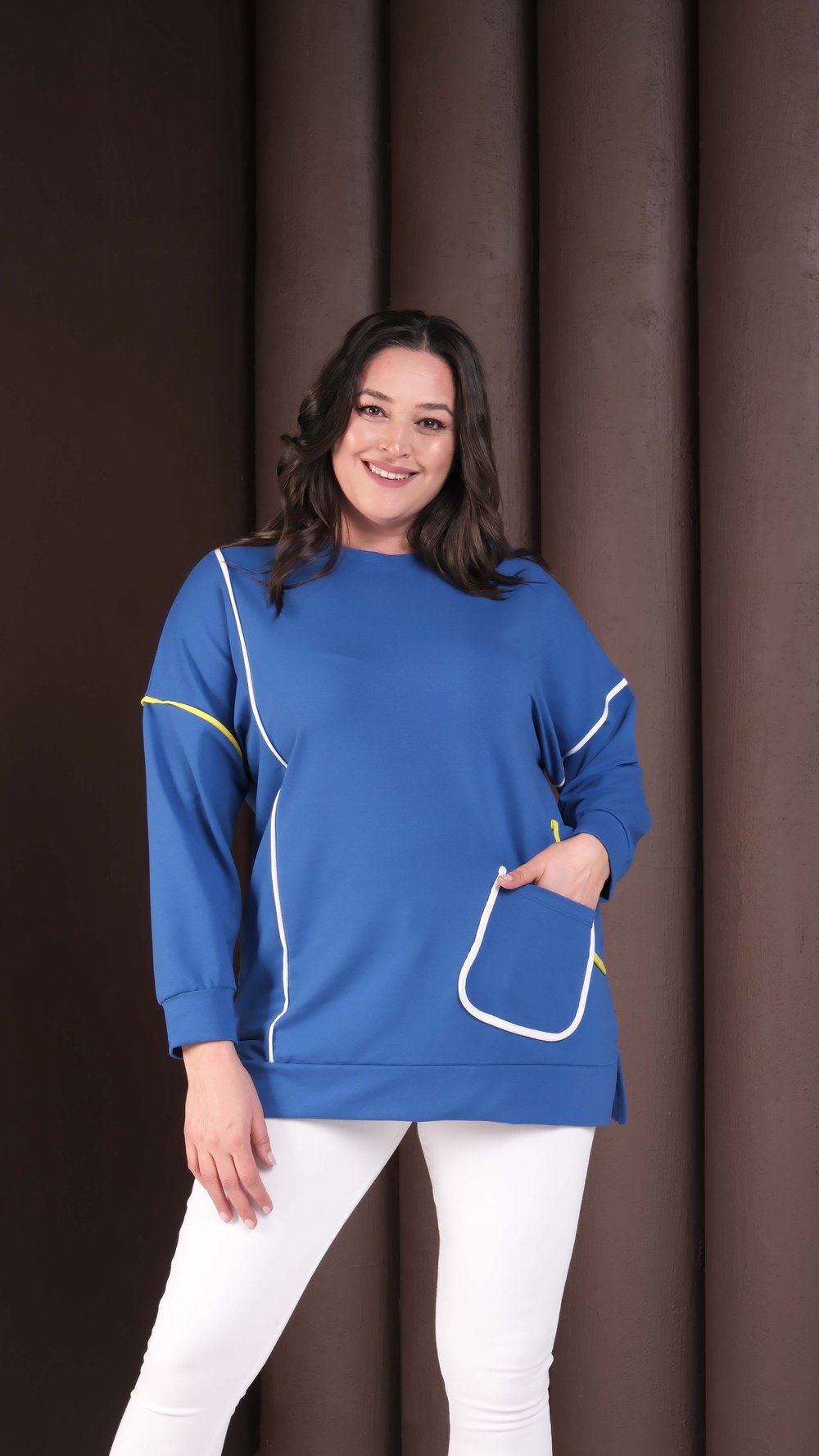 3909 Neon Şeritli Cepli Mavi Sweat