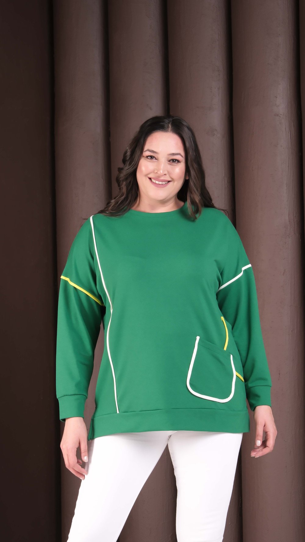 3909 Neon Şeritli Cepli Yeşil Sweat