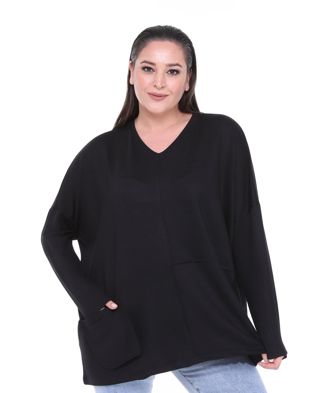 3630 V Yakalı Oversize Cepli Siyah Bluz