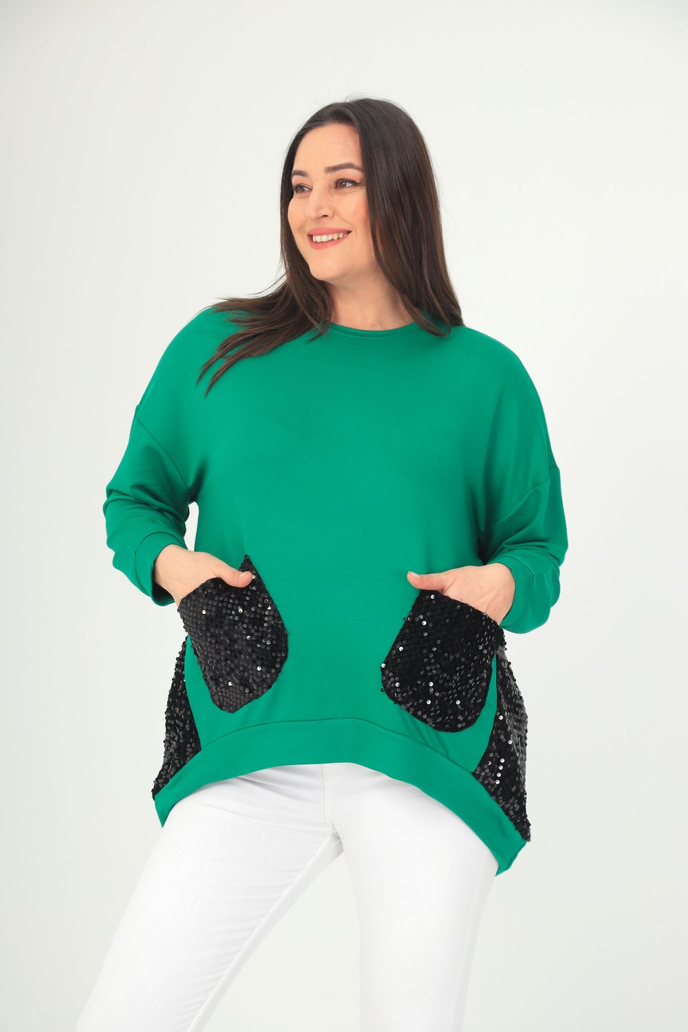 3775 Payetli Cepli ve Kenarlı Oversize Yeşil Bluz