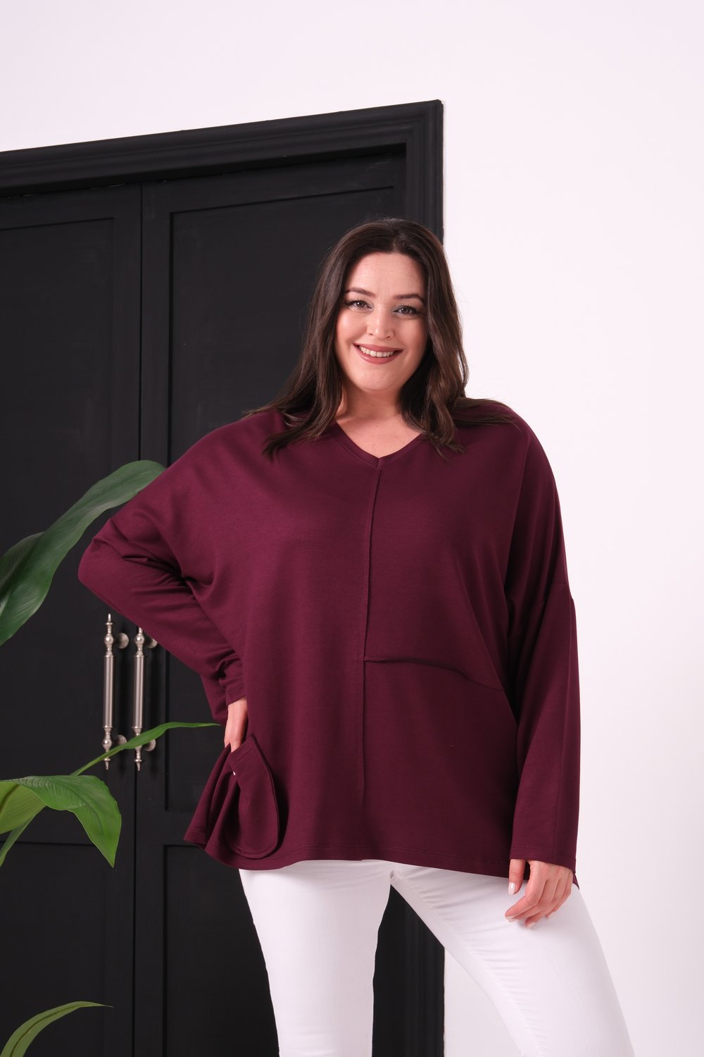 3630 V Yakalı Oversize Cepli Bordo Bluz 