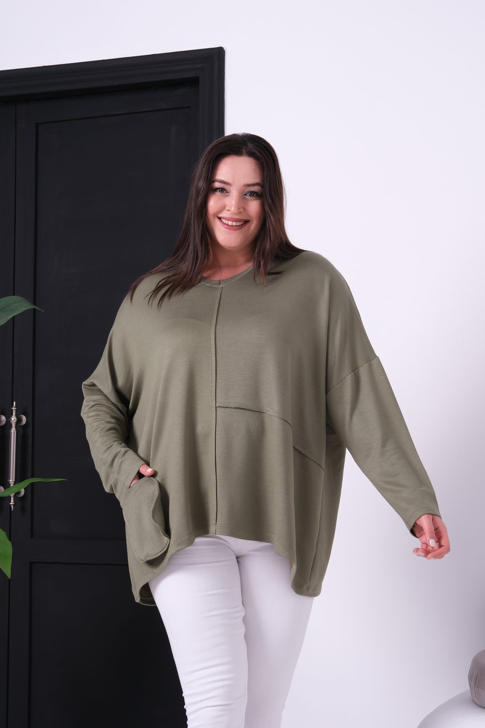3630 V Yakalı Oversize Cepli Haki Bluz 