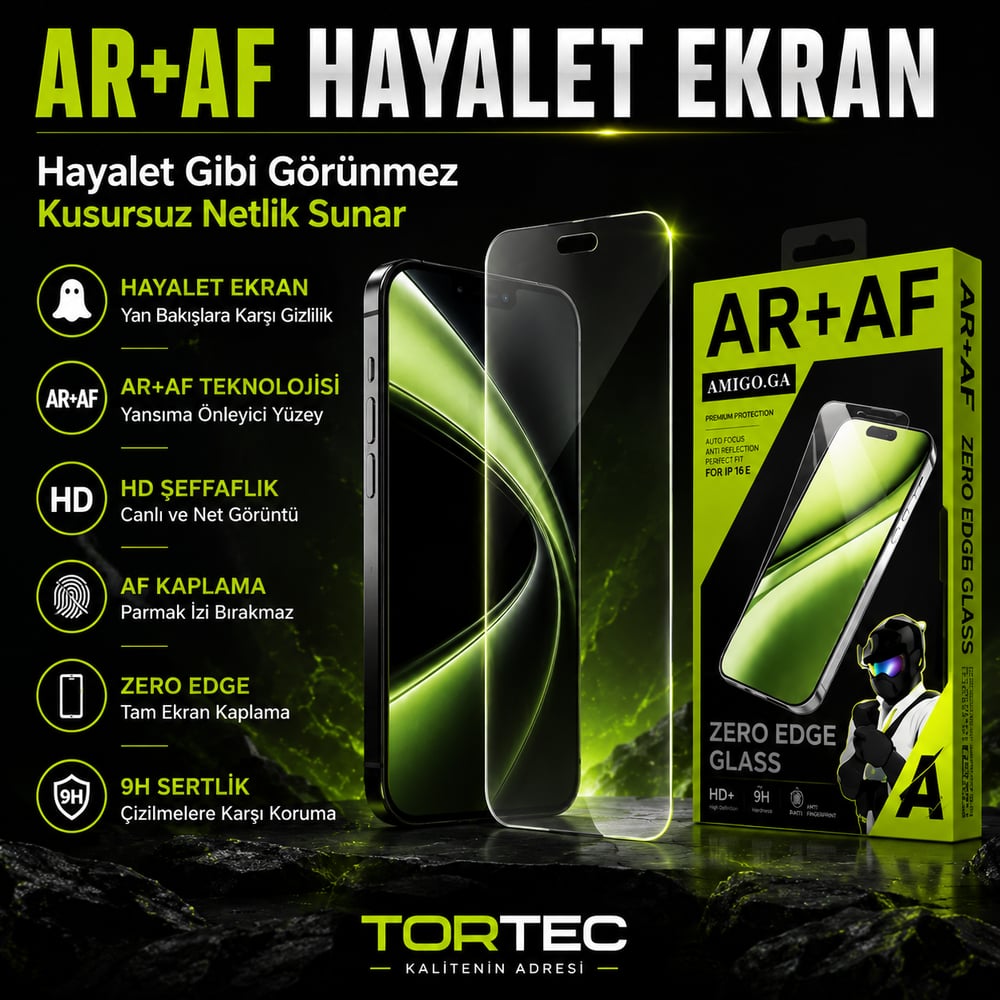 AR+AF iPhone 16 Hayalet Sonsuz Ekran HD Temperli Cam – Anti Reflection & Anti Fingerprint Gizlilik Koruması