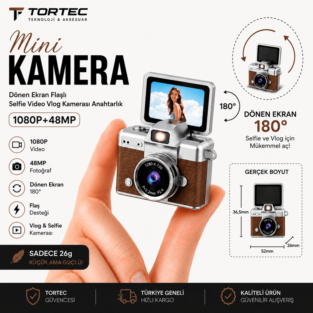 Mini Kamera 1080P 48MP – 180° Dönen Ekranlı
