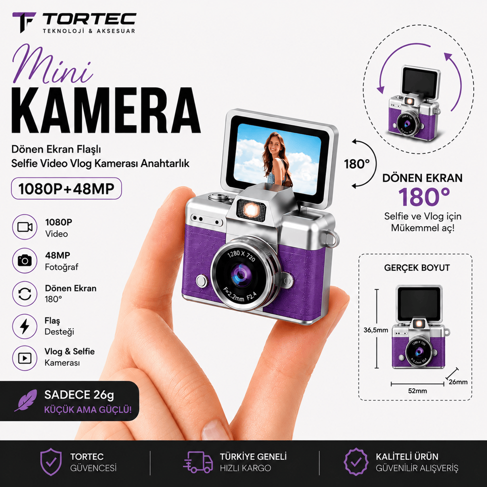 Mini Kamera 1080P 48MP – 180° Dönen Ekranlı
