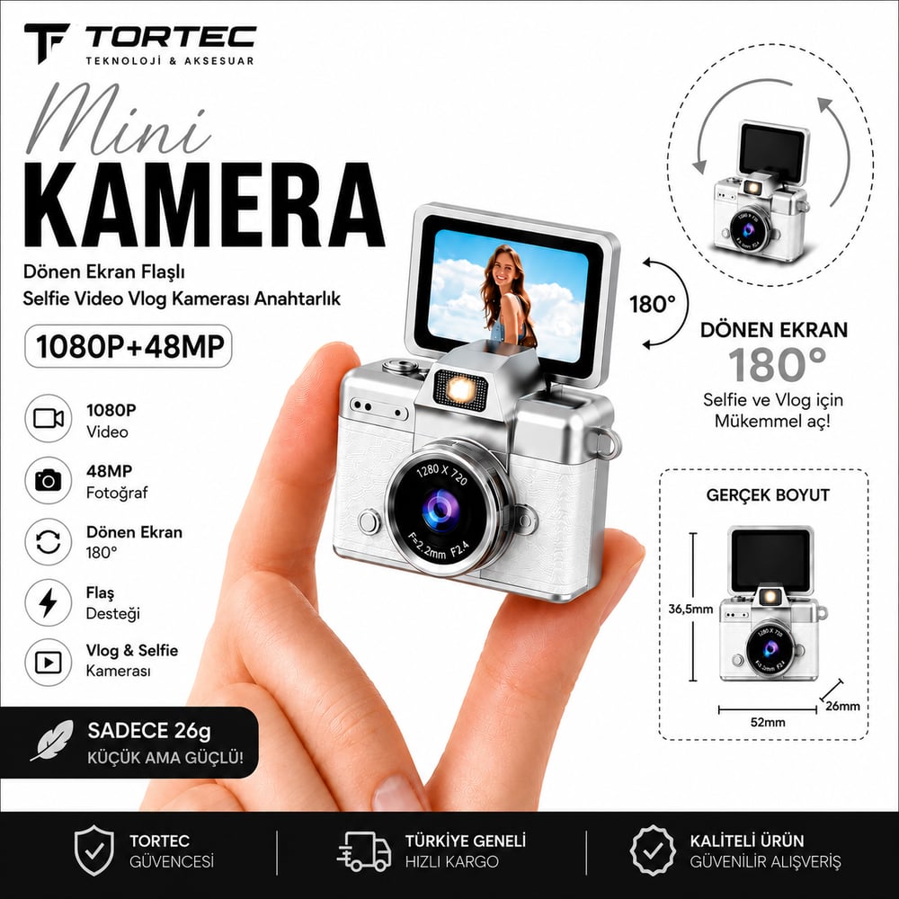 Mini Kamera 1080P 48MP – 180° Dönen Ekranlı