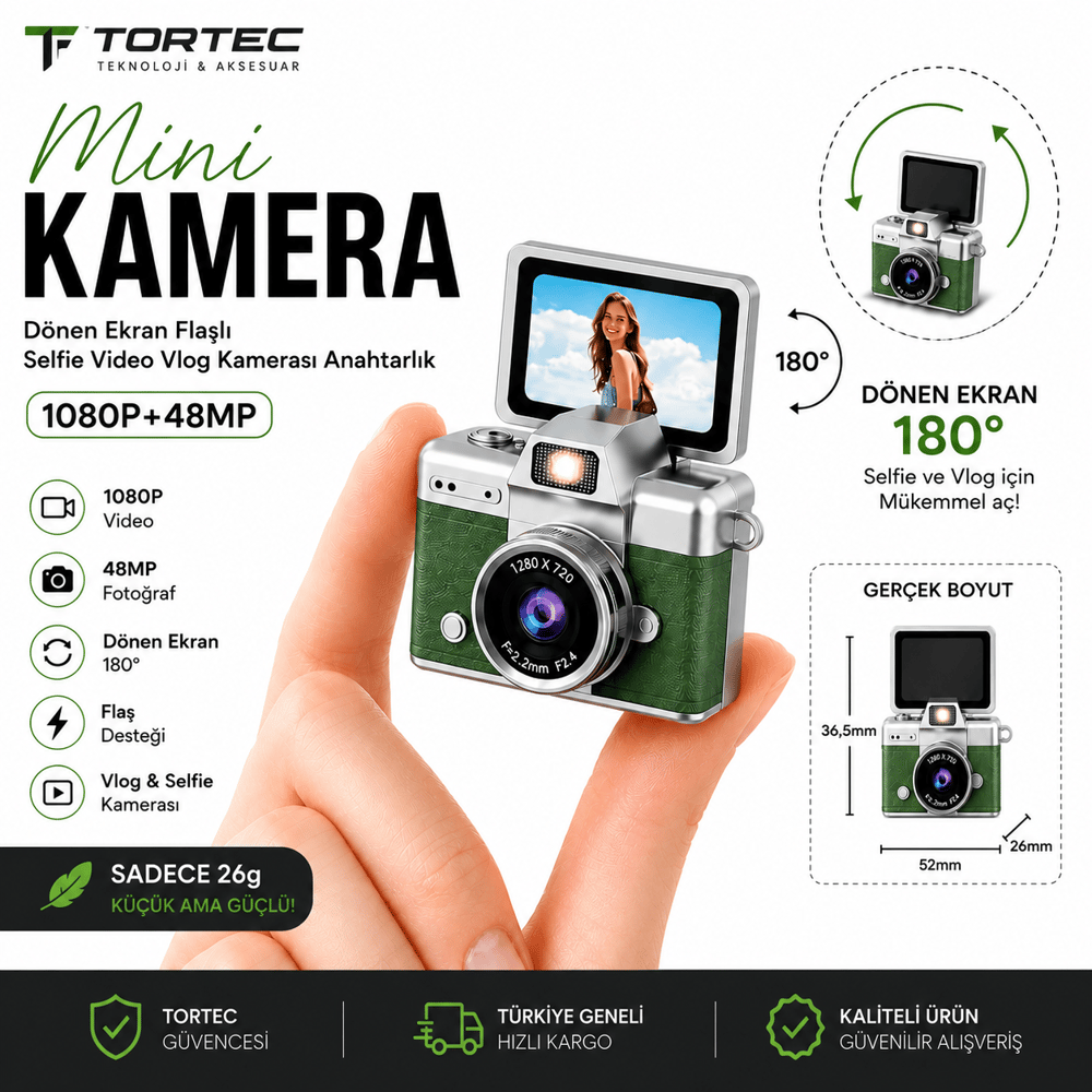 Mini Kamera 1080P 48MP – 180° Dönen Ekranlı