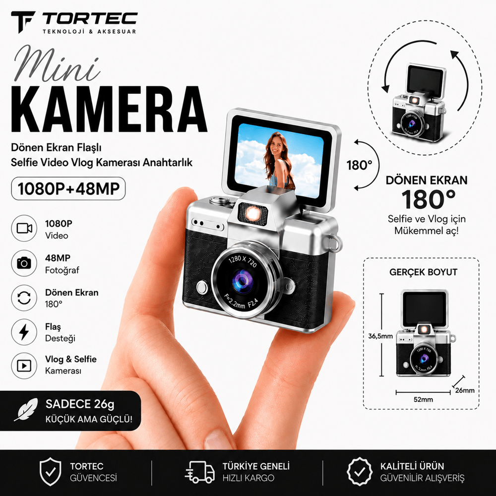 Mini Kamera 1080P 48MP – 180° Dönen Ekranlı
