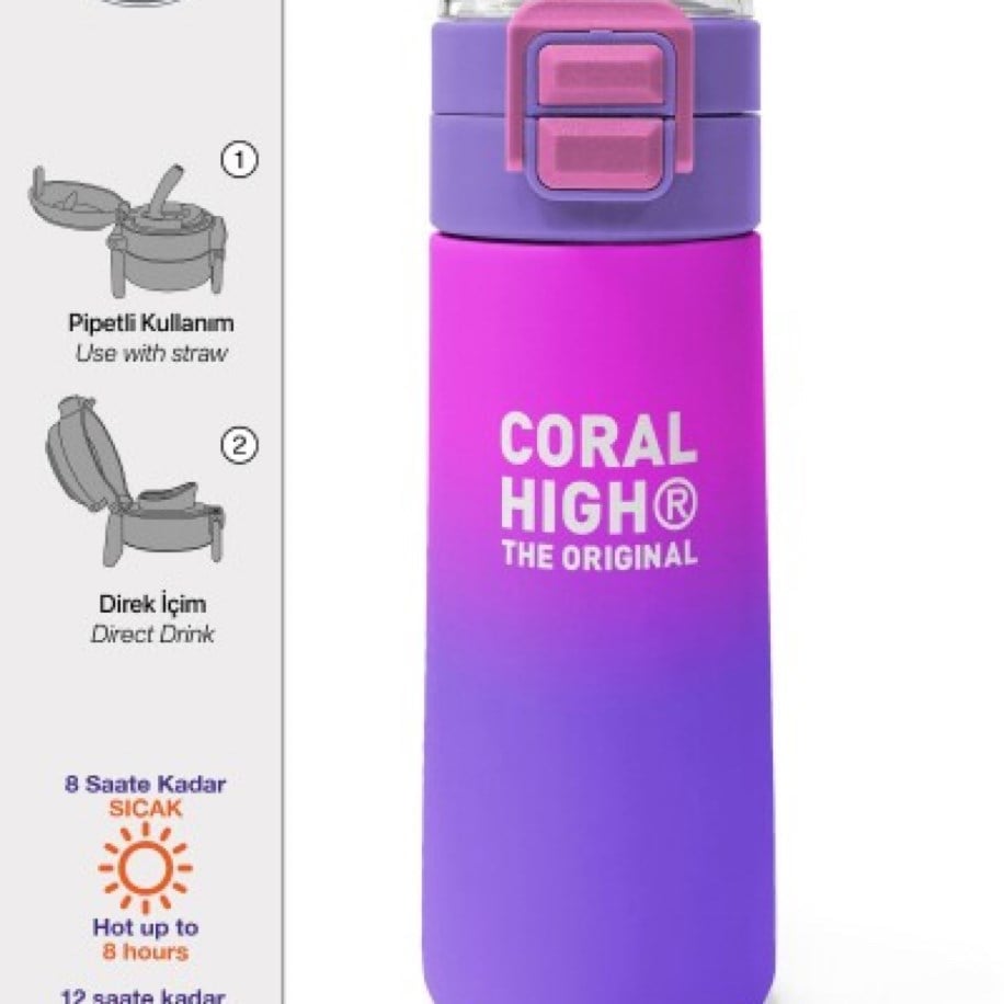 CORAL HİGH MOR PEMBE RENK GEÇİŞLİ PİPETLİ VE DİREK İÇİM 500ml ÇELİK SULUK