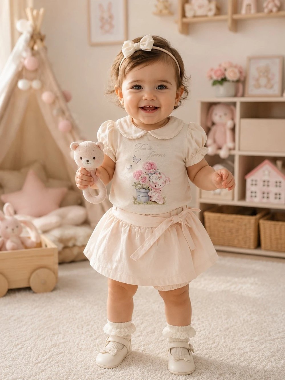 ROMPERLİ  ALT ÜST KIZ BEBEK TAKIMI 9-36 ay KREM