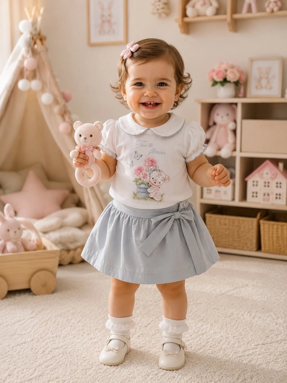 ROMPERLİ  ALT ÜST KIZ BEBEK TAKIMI MAVİ
