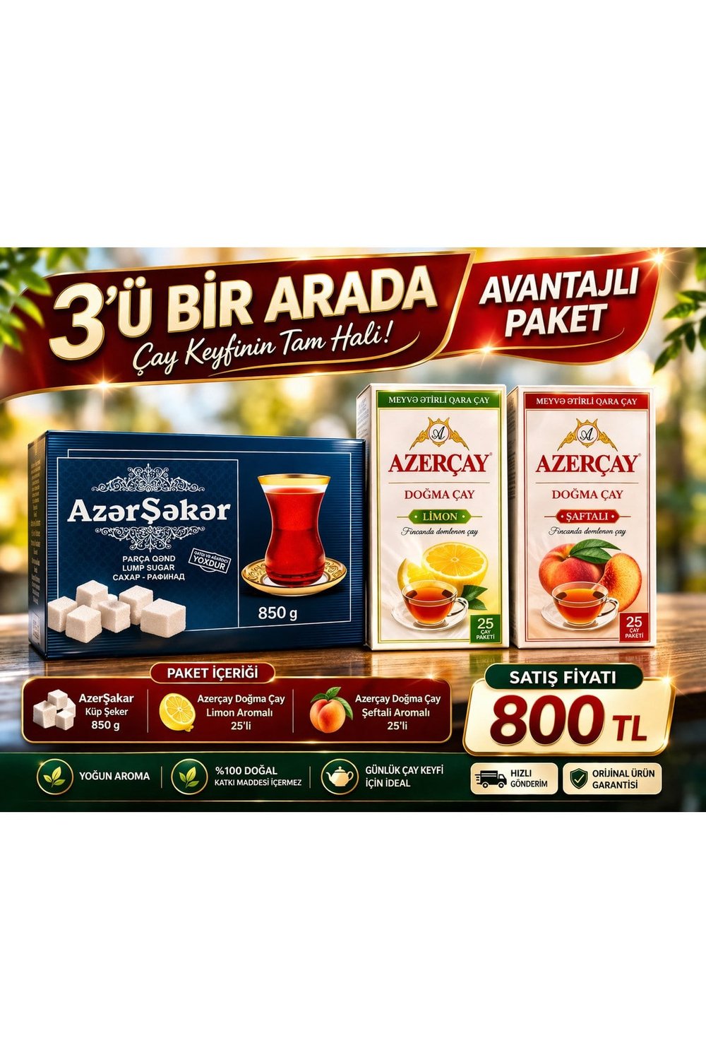 AZERÇAY LİMONLU 25Lİ +AZERÇAY ŞEFTALİ 25Lİ +AZERŞEKER KÜP 850 GR