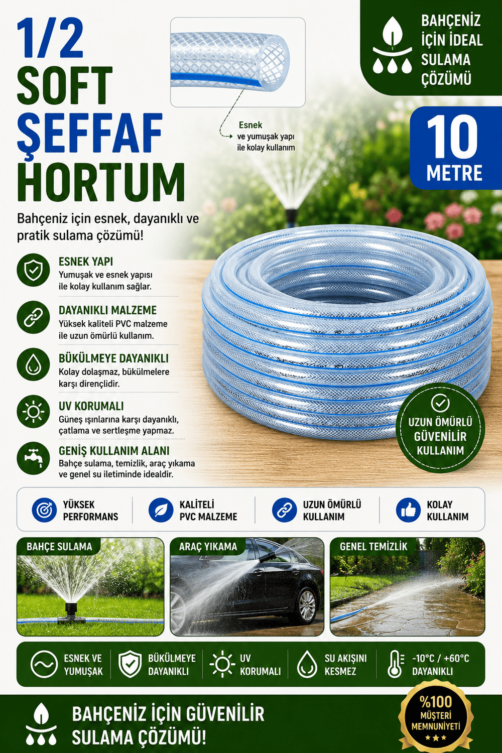 10 Metre 1/2 Soft Örgülü Şeffaf Bahçe Hortumu 