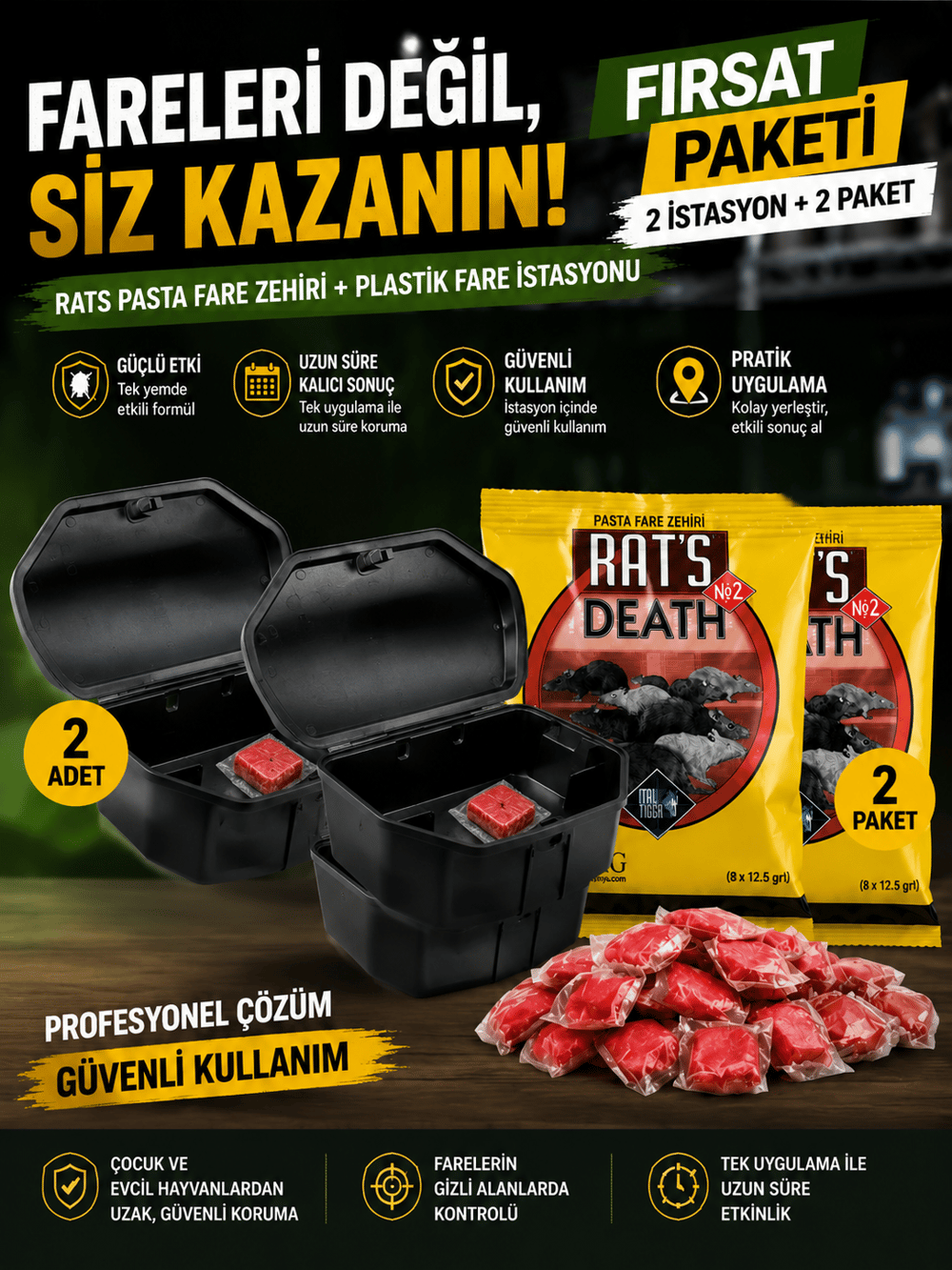 2 Paket Rast Fare Pastası + 2 Adet Plastik Fare İstasyonu Seti