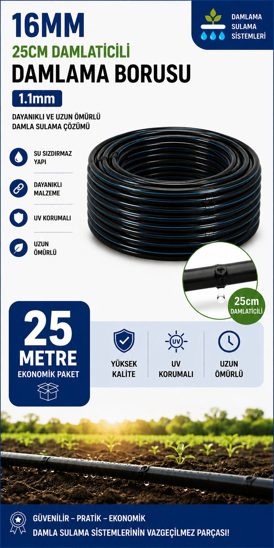 25 Metre 16mm 25cm Damlatıcılı Damlama Borusu