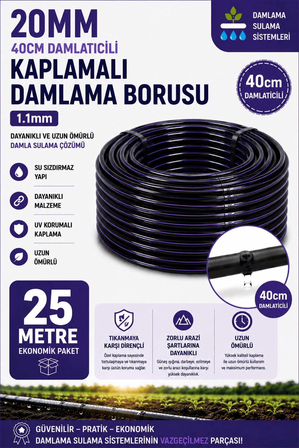 25 Metre 20mm 40cm Damlatıcılı Kaplamalı Damlama Sulama Borusu 