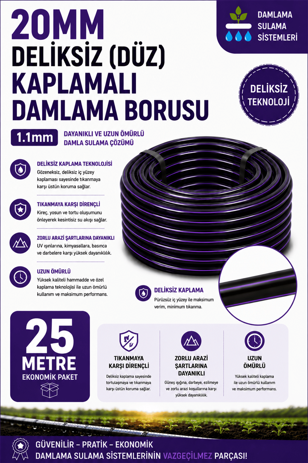 25 Metre 20mm Deliksiz Kaplamalı Damlama Sulama Borusu 