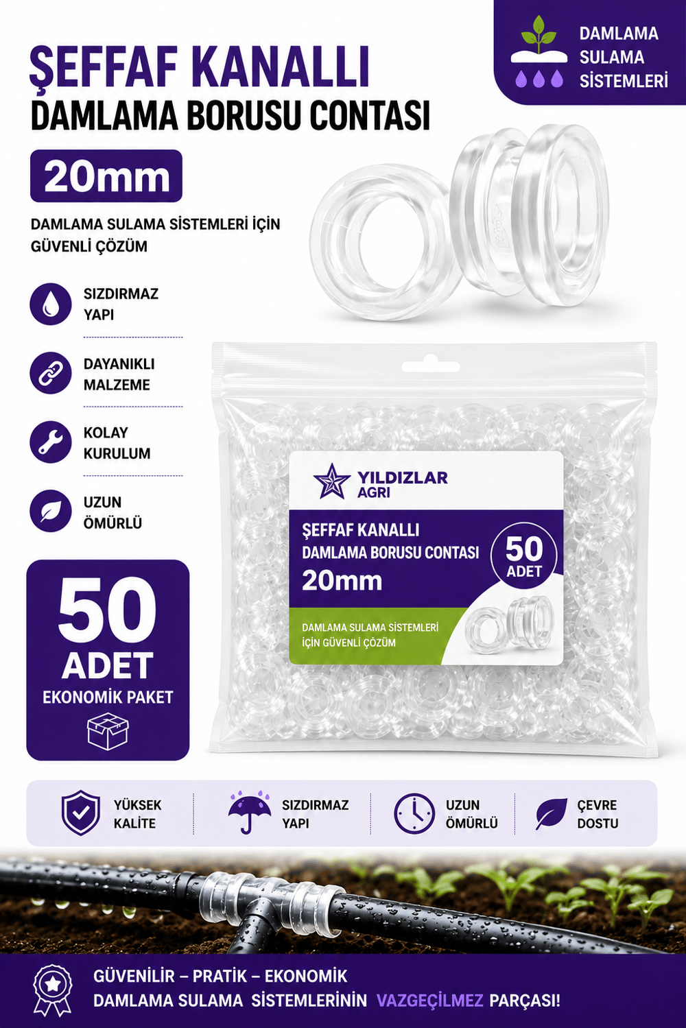 50 Adet 20mm Kanallı Damlama Borcu Contası