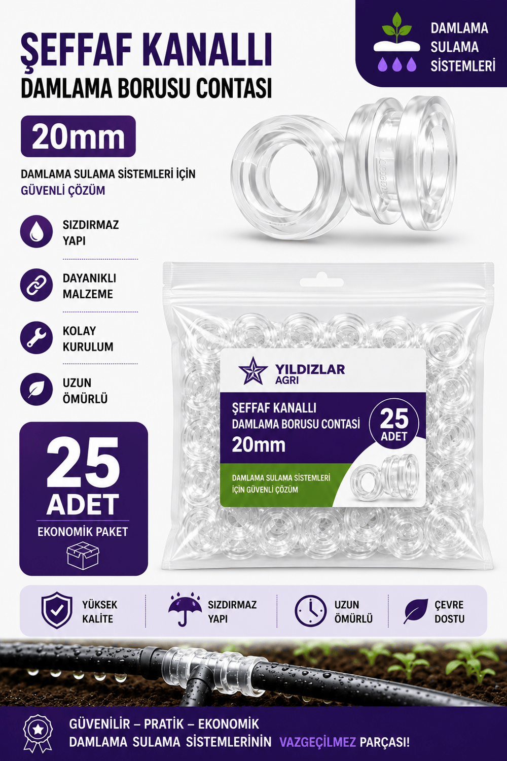 50 Adet 20mm Kanallı Damlama Boru Contası