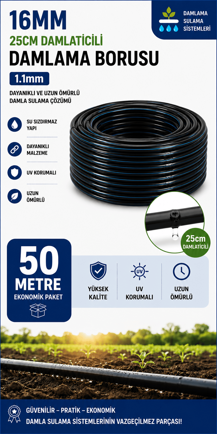 50 Metre 16mm 25cm Damlatıcılı Damlama Borusu