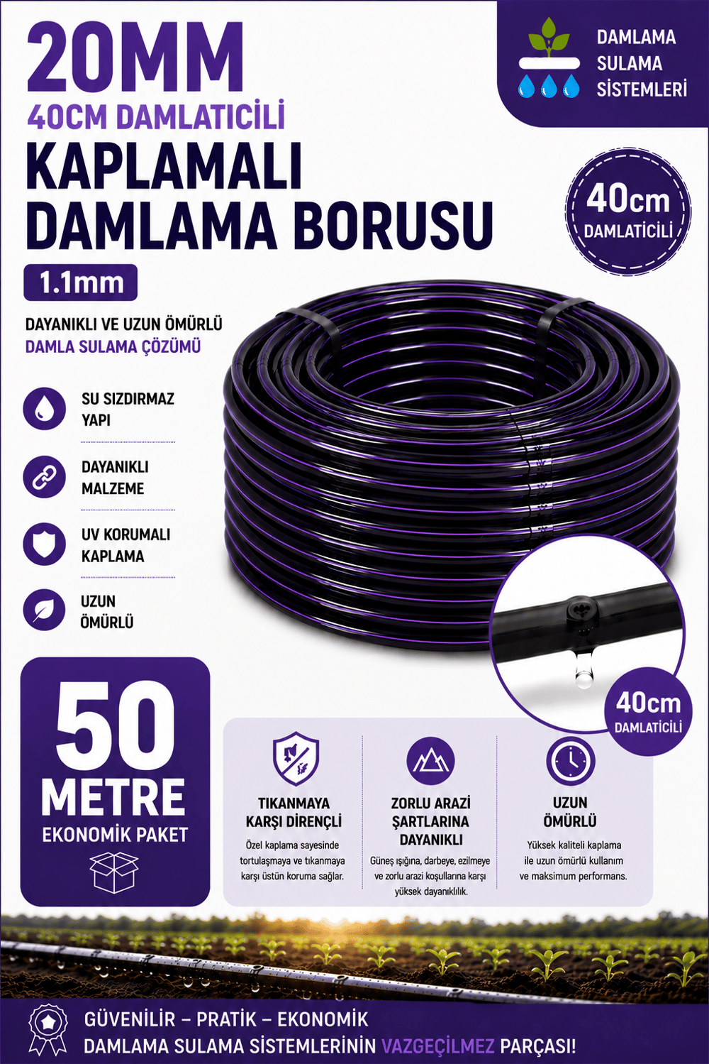 50 Metre 20mm 40cm Damlatıcılı Kaplamalı Damlama Sulama Borusu 