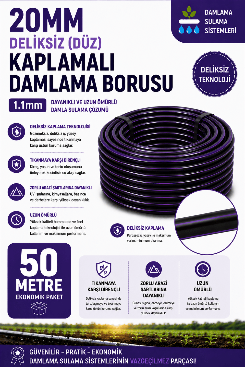 50 Metre 20mm Deliksiz Kaplamalı Damlama Sulama Borusu 