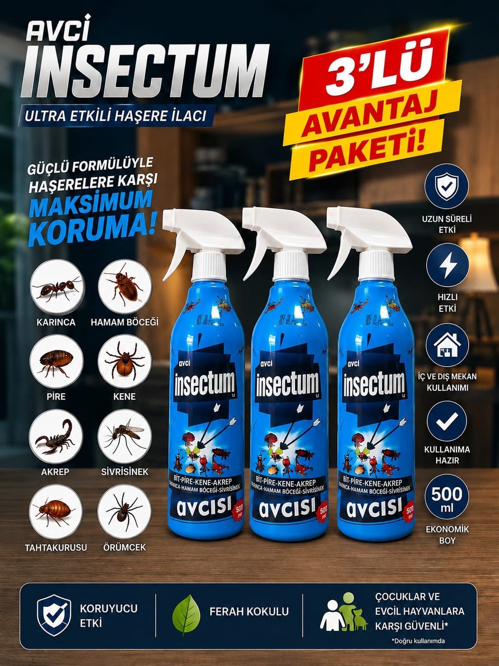 Avcı Insectum 3 Adet  Ultra Etkili Haşere Ilacı 500 ml Sprey